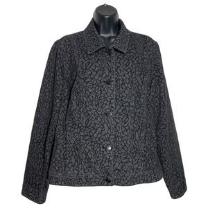 Chicos Jean Jacket Womens Sz 1 (M) Black Gray Denim Pockets Button Up Abstract